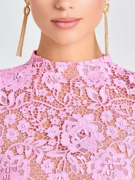 Design Floral Lace High-Neck Mini Dress Pink - 3