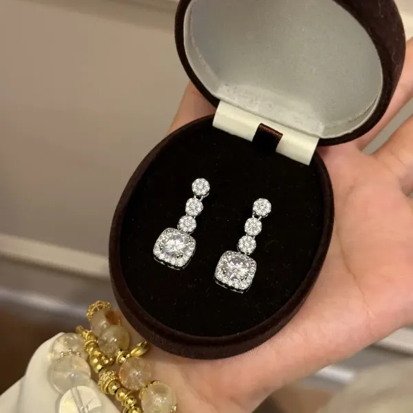 Design Cushion Cut Drop Earrings with Pave Crystals Silver Jewelry - 9