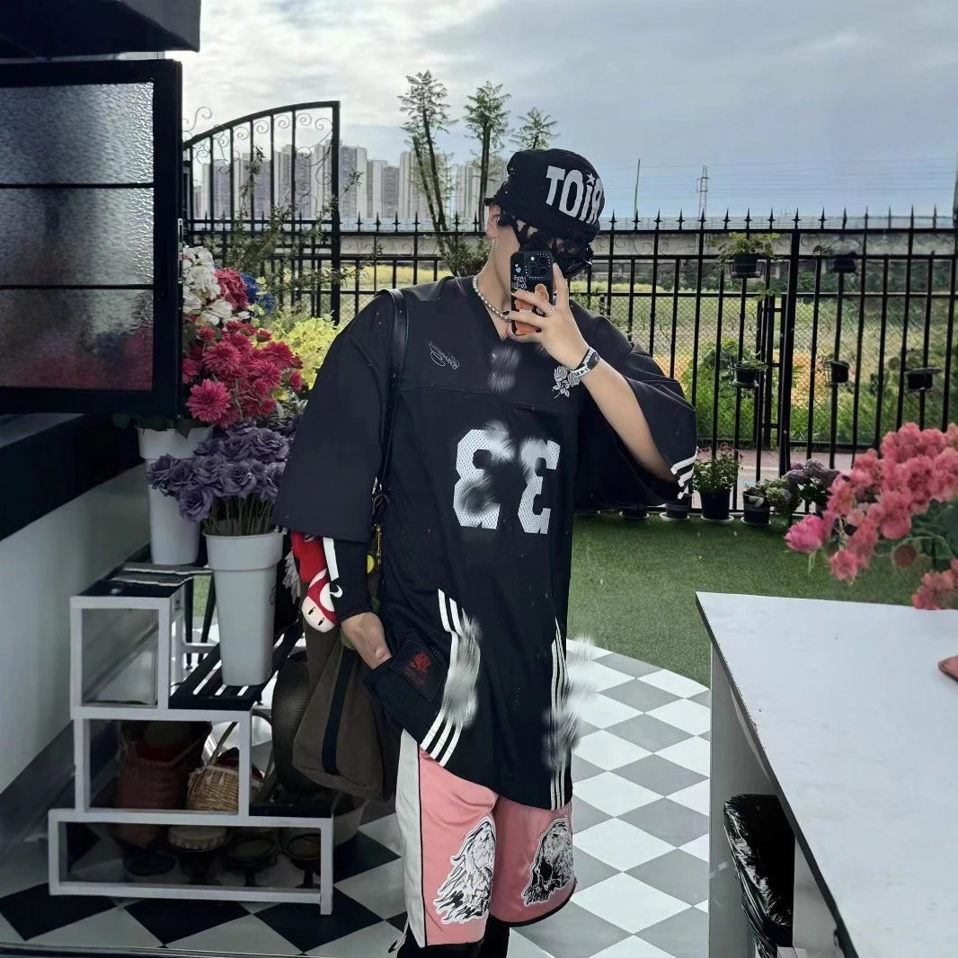 Black Mesh Football Jersey Number 33 Streetwear Top