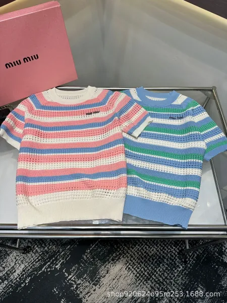 Miu Miu Striped Knit Mesh Top Pink Blue White Sweater - 7