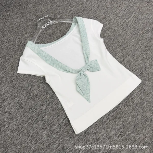 Design Bow-Neck Tie Detail White T-Shirt with Mint Green Trim - 9