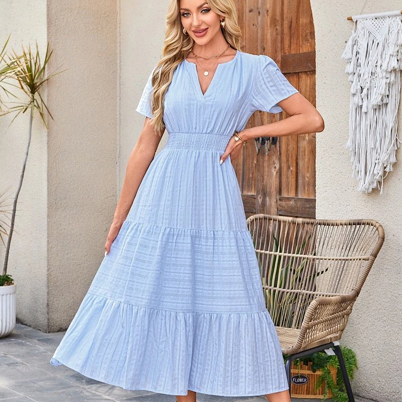 Tiered Smocked Waist Midi Dress in Sky Blue