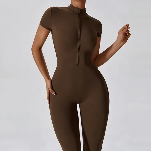 Design Black Zip-Front High-Neck Bodysuit with Short Sleeves Activewear - 3