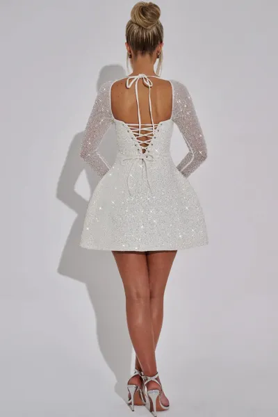 Design Sparkle Mini Dress with Sheer Long Sleeves White Dress - 9