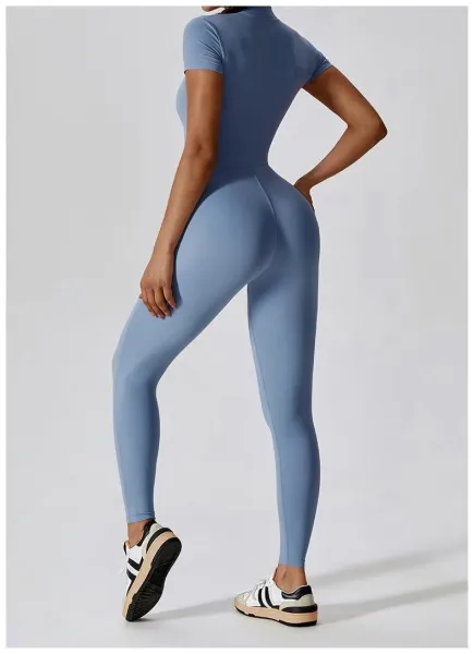 Design Black Zip-Front High-Neck Bodysuit with Short Sleeves Activewear - 7