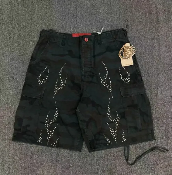 Design Cargo Shorts with Rhinestone Flame Embroidery Black Camo Shorts - 1