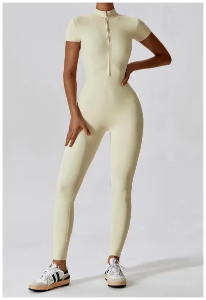 Design Black Zip-Front High-Neck Bodysuit with Short Sleeves Activewear - 15