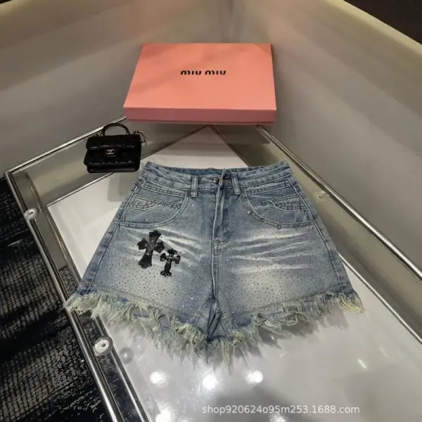 Miu Miu Distressed Denim Shorts with Crystal Cross Embroidery Light Blue Jeans - 1