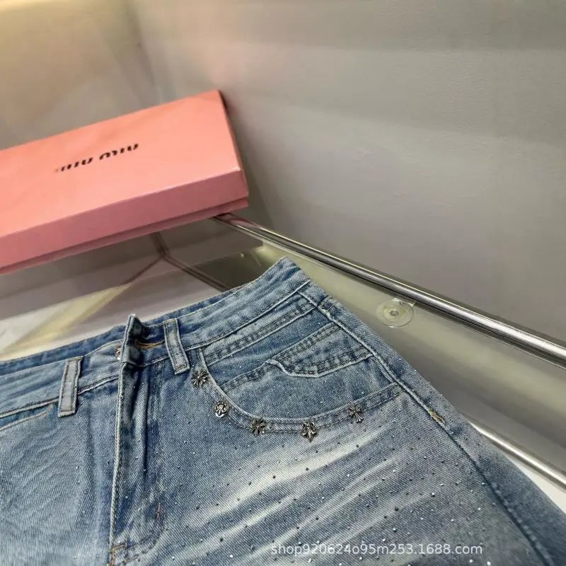 Miu Miu Denim Shorts Light Blue Embellished Frayed Hem