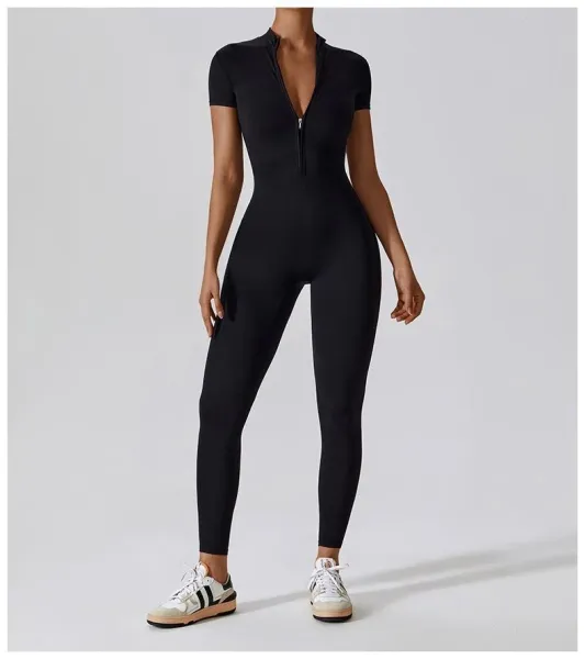 Design Black Zip-Front High-Neck Bodysuit with Short Sleeves Activewear - 22