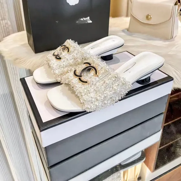 Chanel Pearl-Embellished Mule Slide White Shoes Sandals - 8