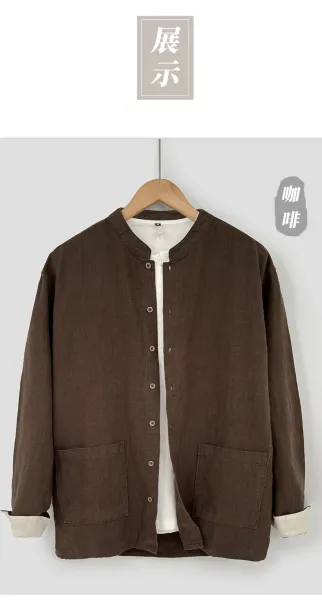 Design Mandarin Collar Linen Blend Jacket Gray Outerwear Jacket - 8