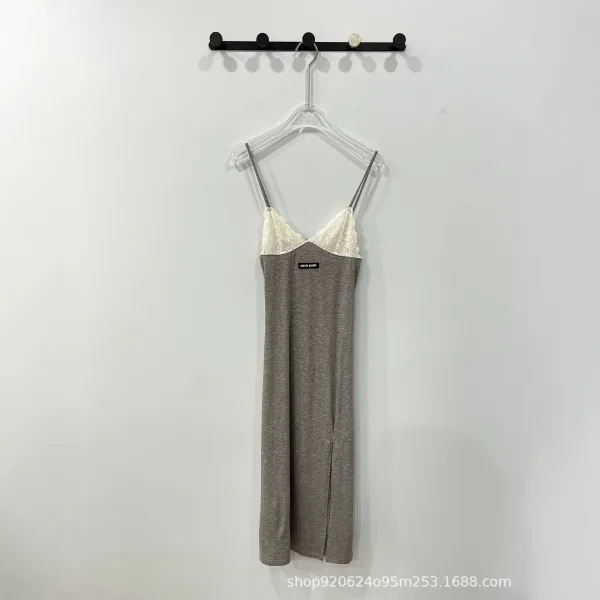 Miu Miu Lace-Trimmed Gray Slip Dress - 1