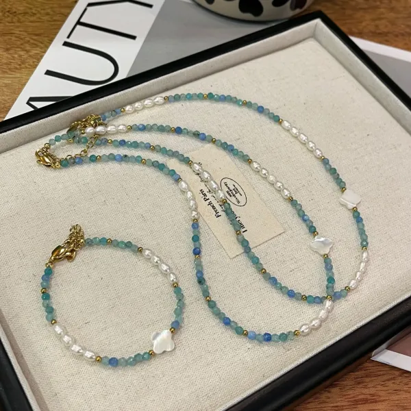 Design Pearl and Aqua Bead Bracelet with Mother-of-Pearl Charm Jewelry - 2