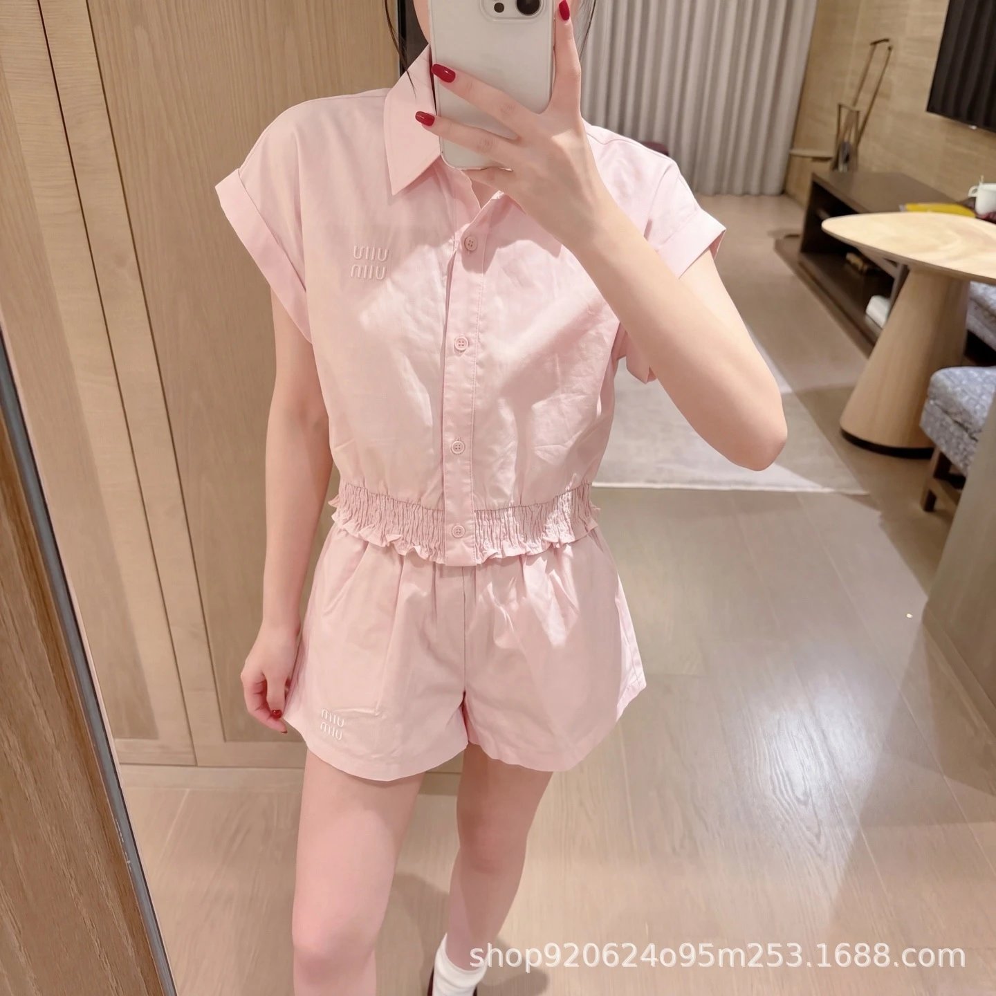 Miu Miu Logo-Embroidered White Shirt and Shorts Set - 3