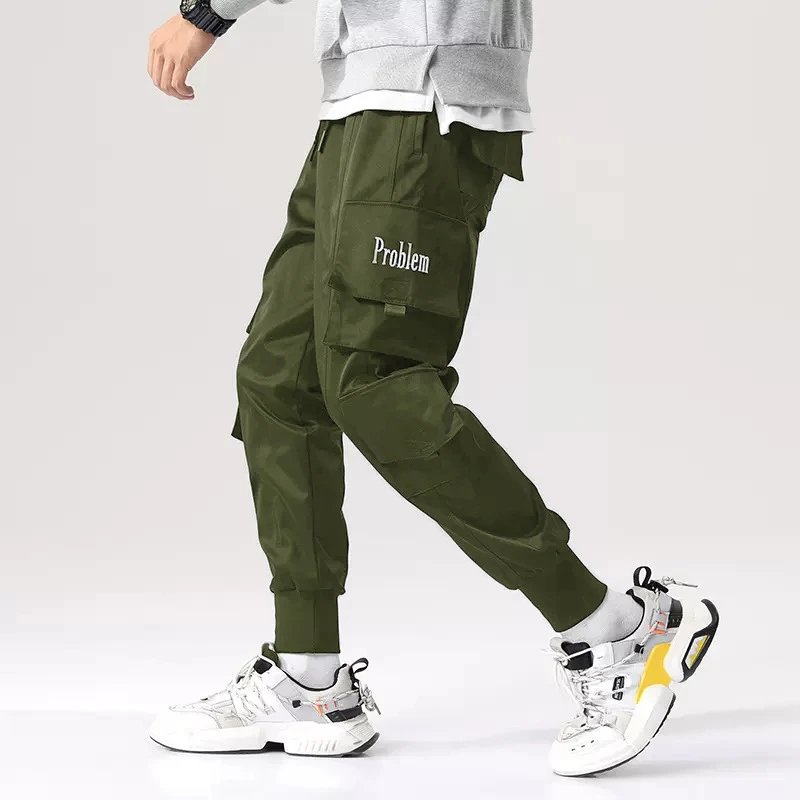 Design Cargo Pants with 'Problem' Embroidery Army Green Pants