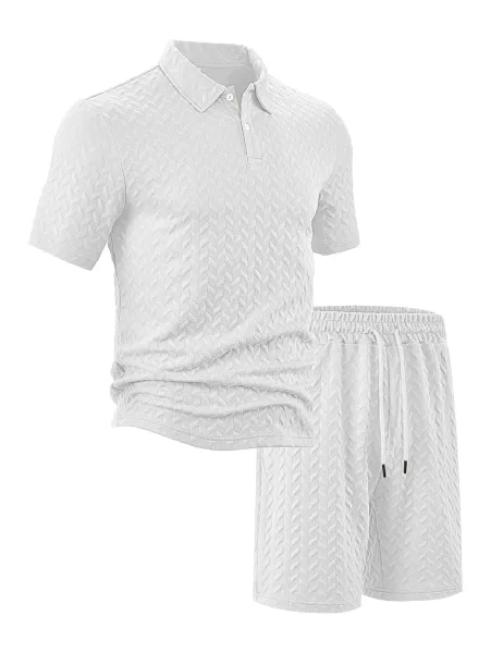 Design Textured Chevron Polo and Shorts Set White - 9
