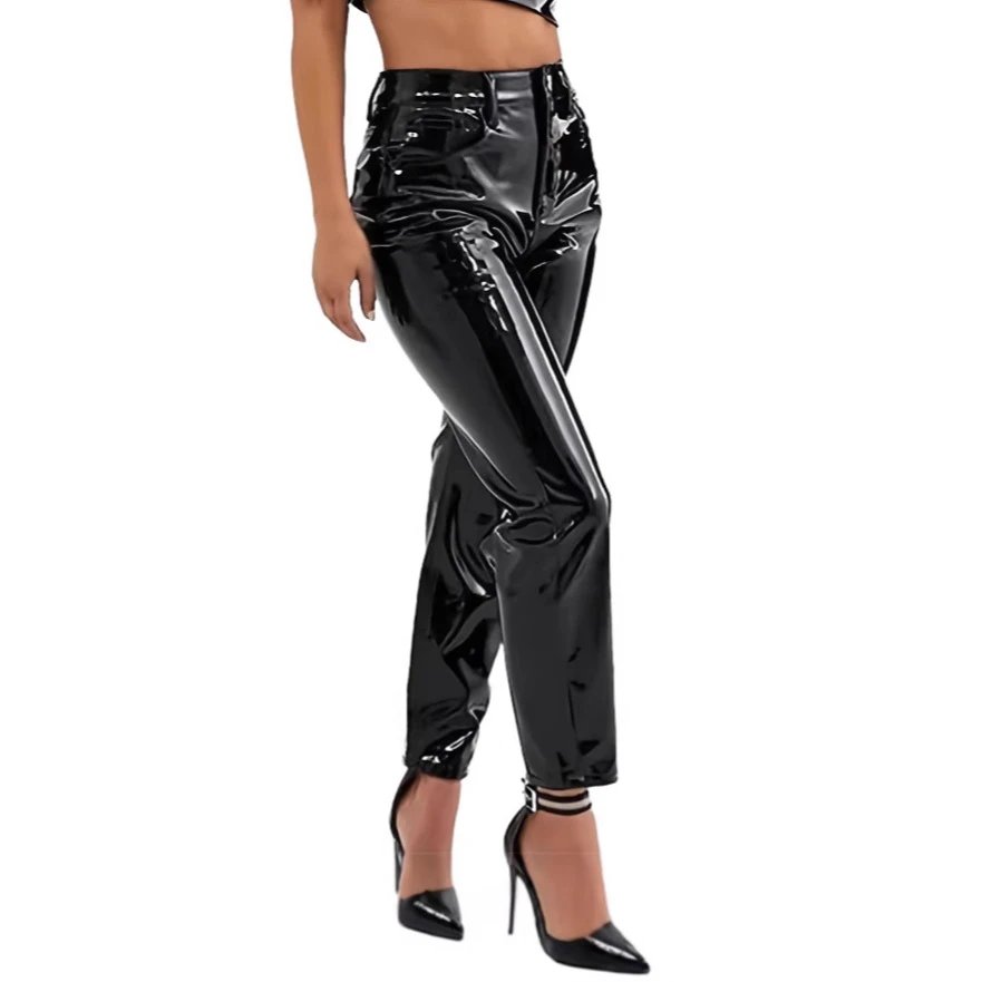 Patent Leather High-Waisted Cropped Pants Black