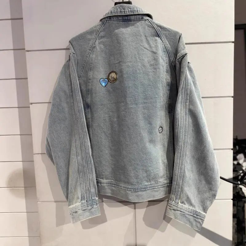 Denim Jacket Light Blue Patchwork Casual