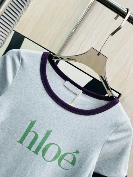 Chloé Logo Ringer T-Shirt Light Gray with Purple Trim - 8