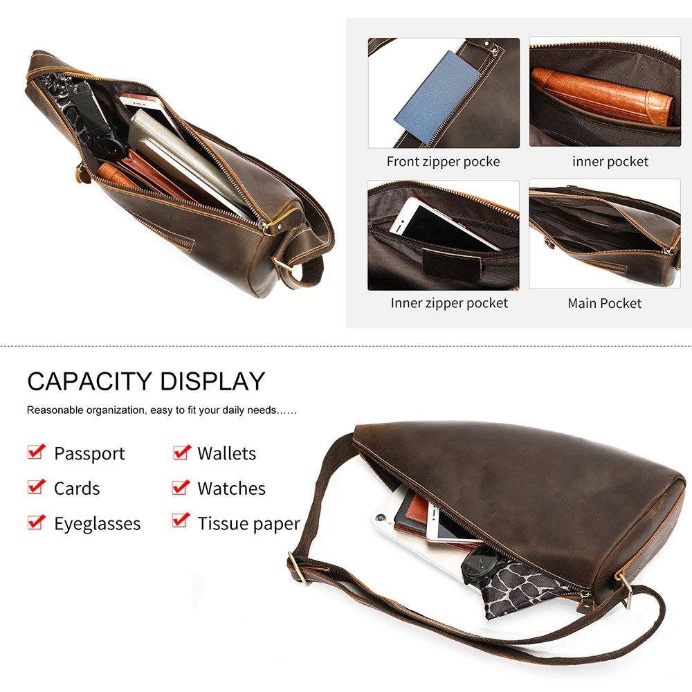Leather Sling Chest Bag Brown Retro Casual