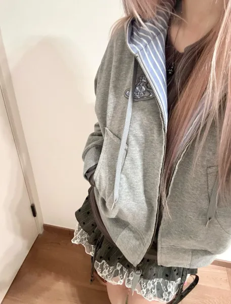 Vivienne Westwood Orb Logo Zip-Up Hoodie Gray - 7