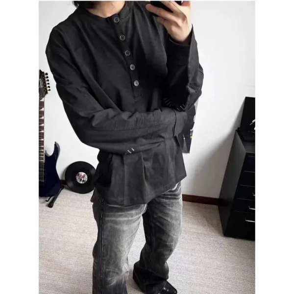 Design Henley Shirt with Embroidered Lines Black Tops Shirt - 13