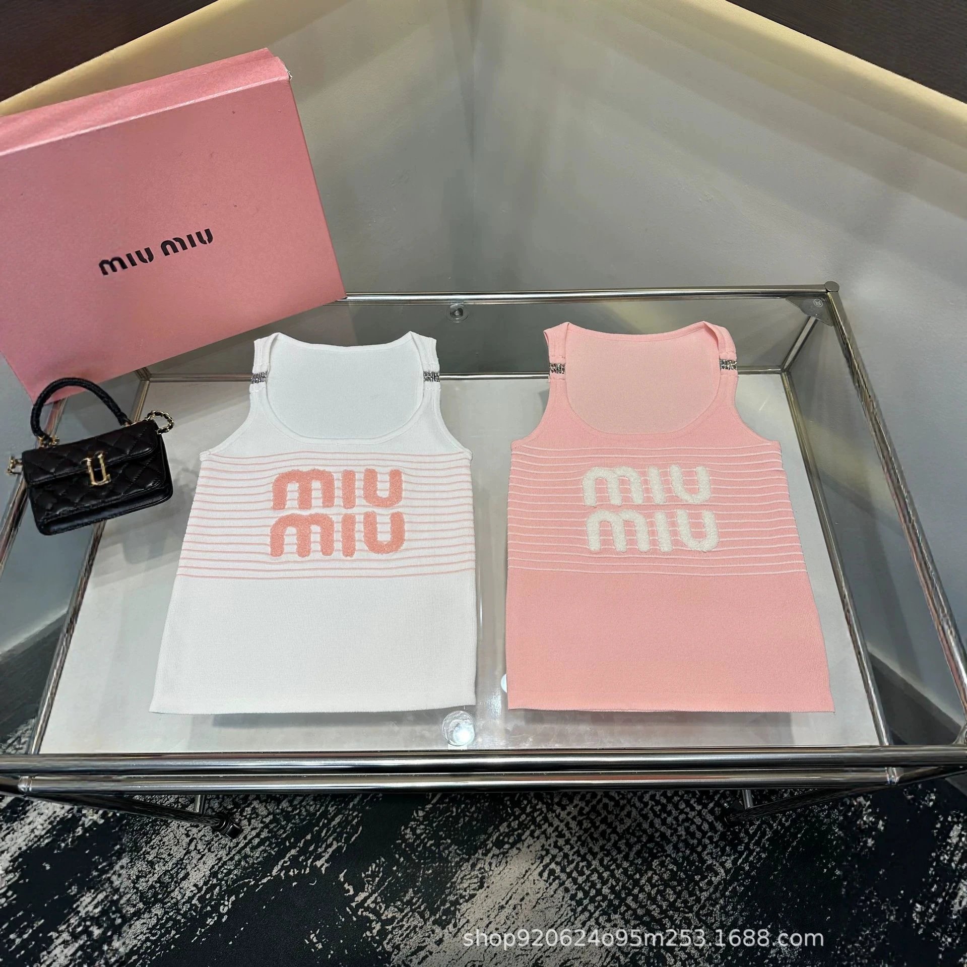 Miu Miu White Pink Striped Logo Knit Tank Top