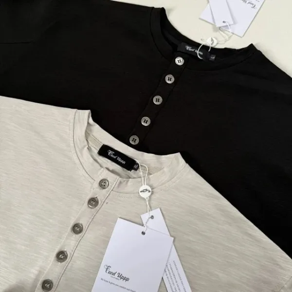 Design Henley Shirt with Embroidered Lines Black Tops Shirt - 25
