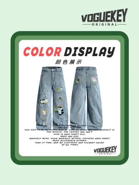 Design Embroidered Cat Motif Wide-Leg Jeans Light Blue - 4