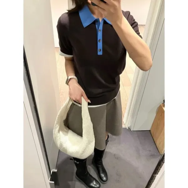Design COS Color-Block Knit Polo Brown with Blue Collar Tops Polo - 10