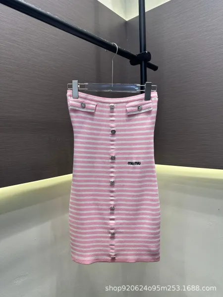 Miu Miu Striped Knit Mini Skirt Pink and White - 1