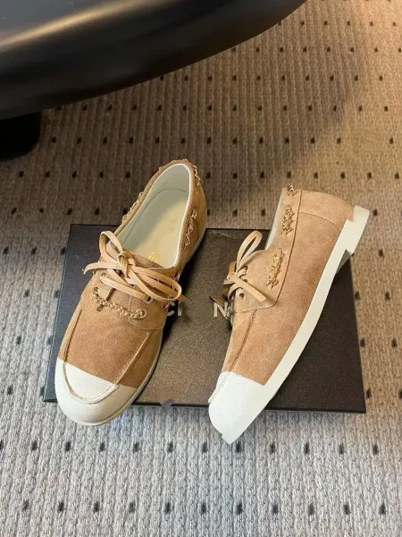 Chanel Boat Shoes Light Blue Suede Two-Tone with Chain Detail - 5