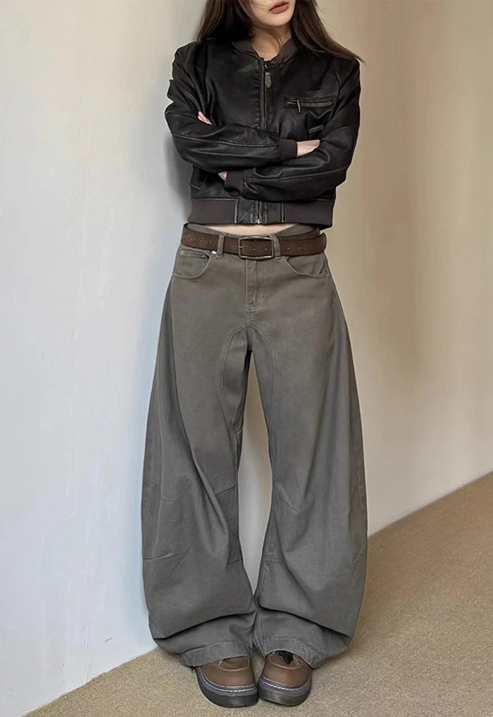 Design Cropped Leather Jacket Black + Wide-Leg Cargo Pants Olive Green + Chunky Loafers Brown - 3
