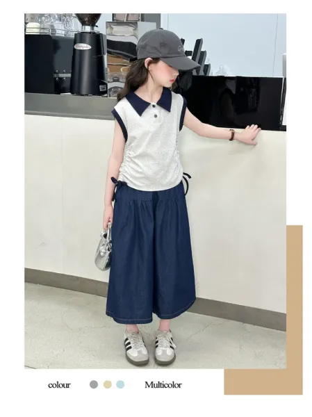 Design Wide-Leg Denim Culottes Navy Blue Pants - 5