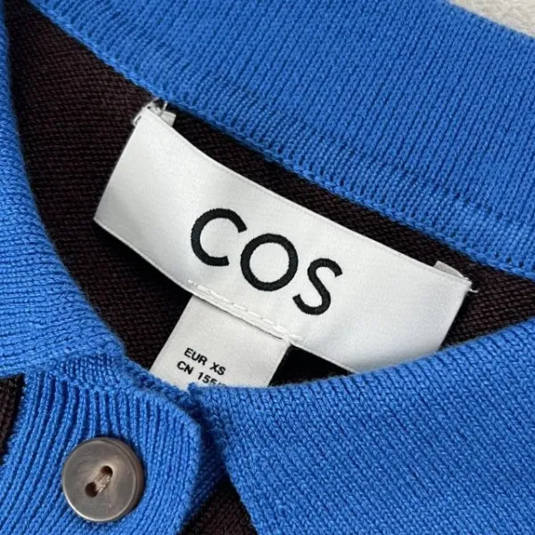 Design COS Color-Block Knit Polo Brown with Blue Collar Tops Polo - 22