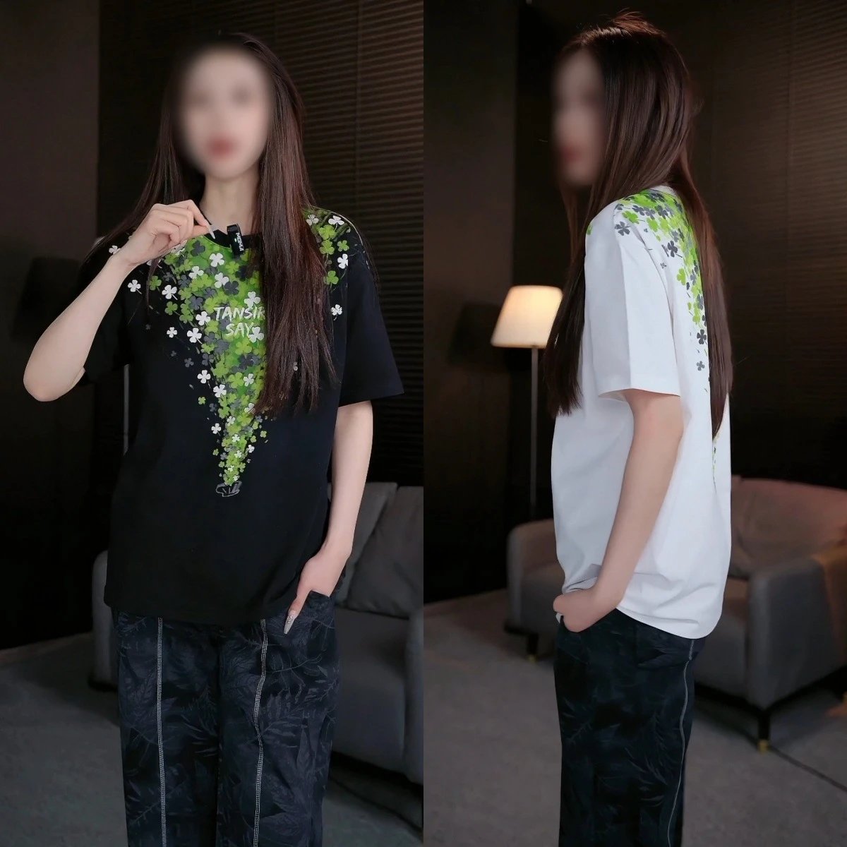TANSIR Graphic Print Black White Floral Oversized T-Shirt