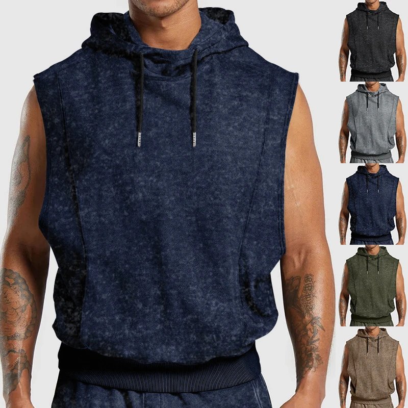 Design Sleeveless Hoodie Navy Acid Wash Vest-Top - 4
