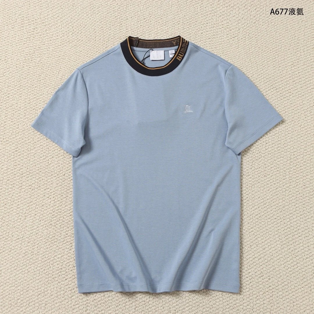 Burberry Logo-Embroidered Ribbed Collar T-Shirt Liquid Blue