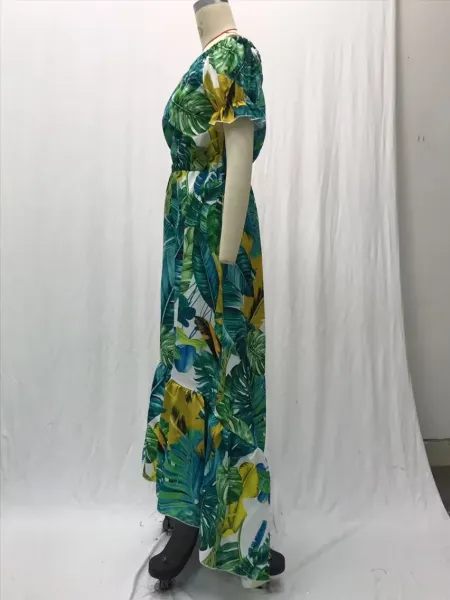 Design Tropical Leaf Print Off-Shoulder Maxi Dress - 11