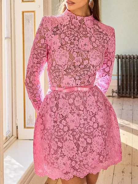 Design Floral Lace High-Neck Mini Dress Pink - 7