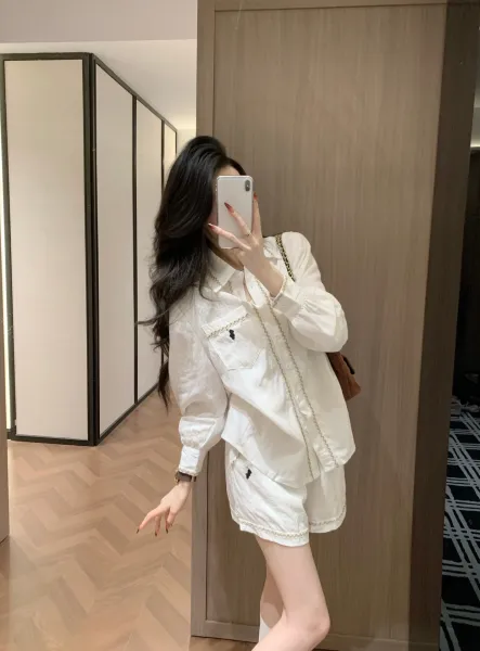 Design Pearl-Trimmed Oversized Shirt and Shorts Set White - 5