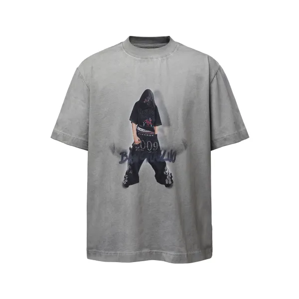 Design Graphic Print Washed Gray T-Shirt - 6