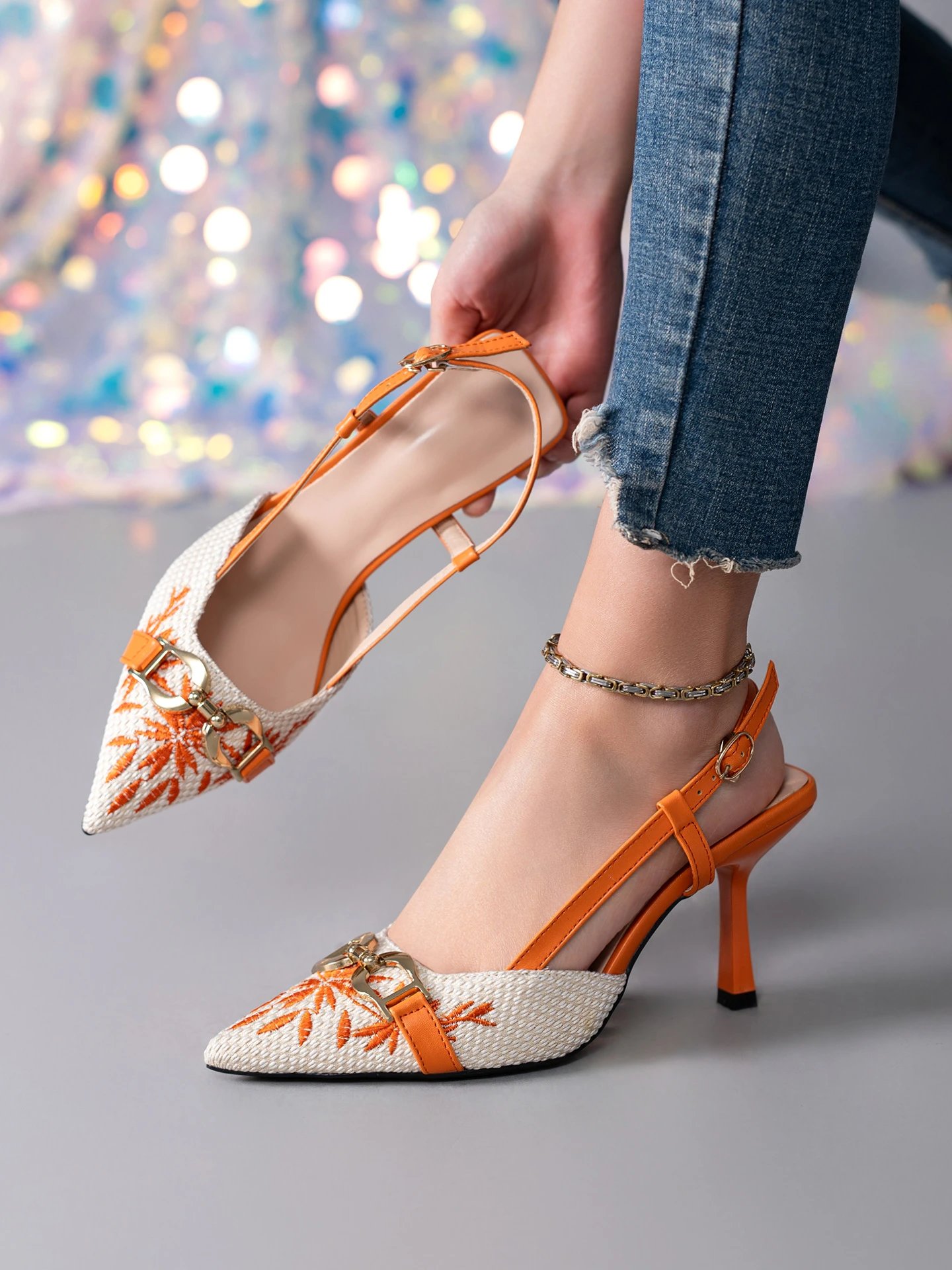 Design Woven Pointed-Toe Slingback Heels with Orange Embroidery and Gold Buckle - 2