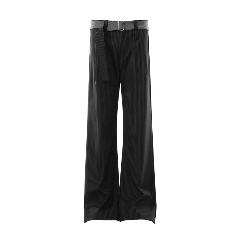 Design Cropped T-Shirt Beige + Pleated Wide-Leg Pants Gray with Belt - 11