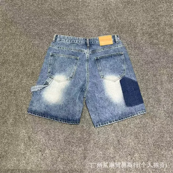 Design Denim Shorts with Rhinestone Sunburst Embroidery Blue and Black - 7