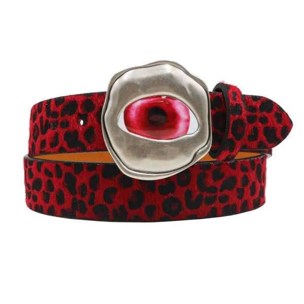 Design Leopard Print Suede Belt with Eye Buckle Accessory - 19