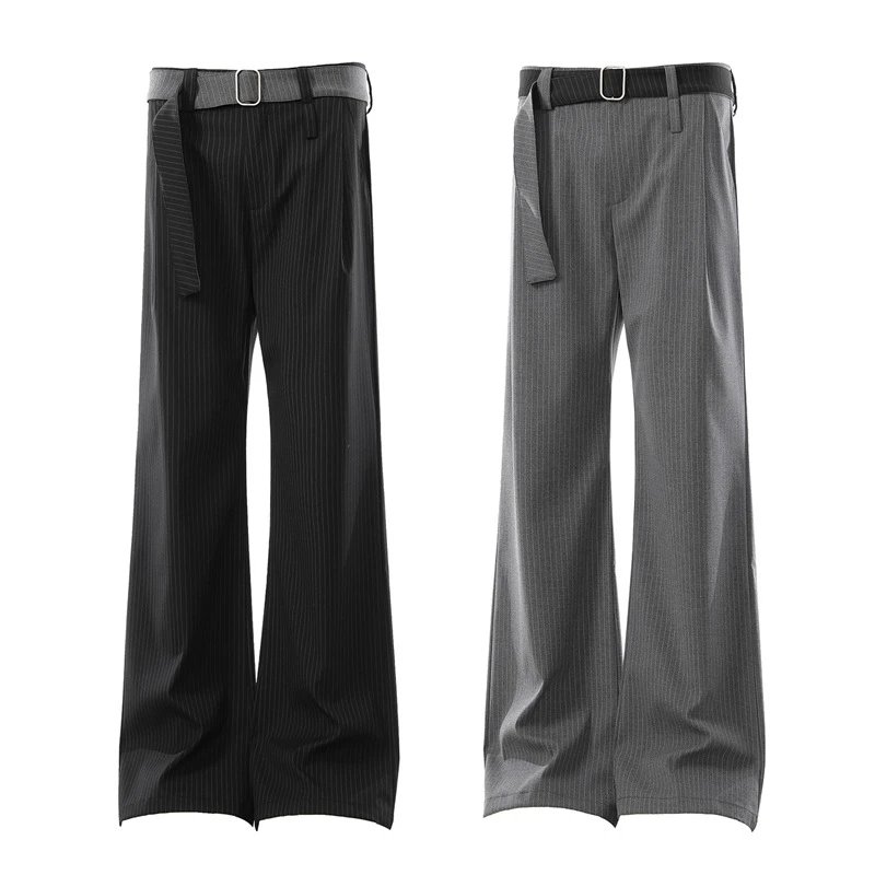 Design Cropped T-Shirt Beige + Pleated Wide-Leg Pants Gray with Belt - 4