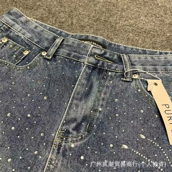 Design Denim Shorts with Rhinestone Sunburst Embroidery Blue and Black - 10