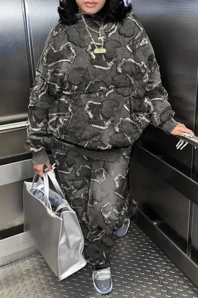 Design Crossbones Print Denim-Style Hoodie and Sweatpants Set Gray - 4